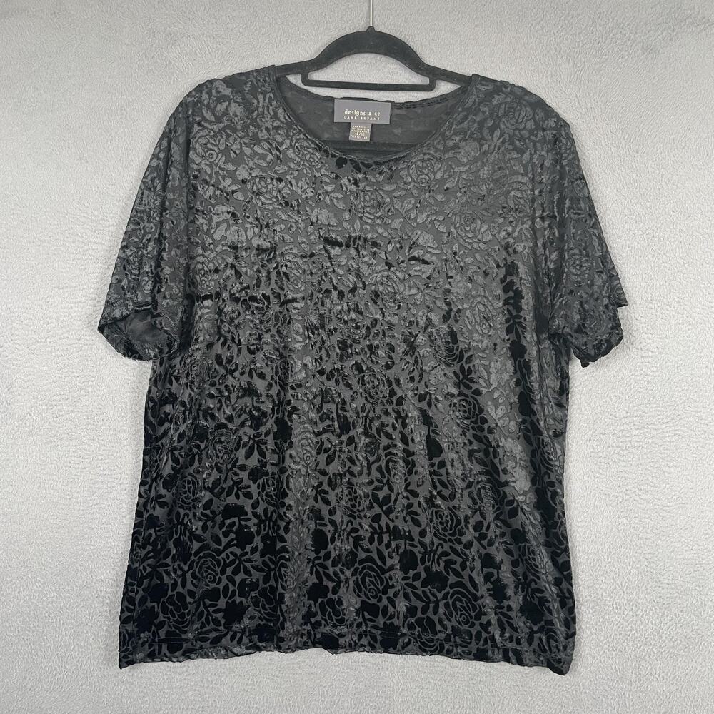 Lane Bryant Blouse Womens 14/16 Plus Black Burnout Velvet Floral Sheer Top VTG